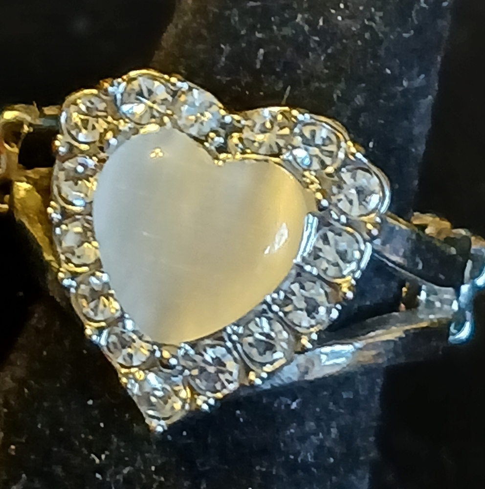 Paparazzi Silvertone Stretch Ring with Heart Shaped Faux Moonstone